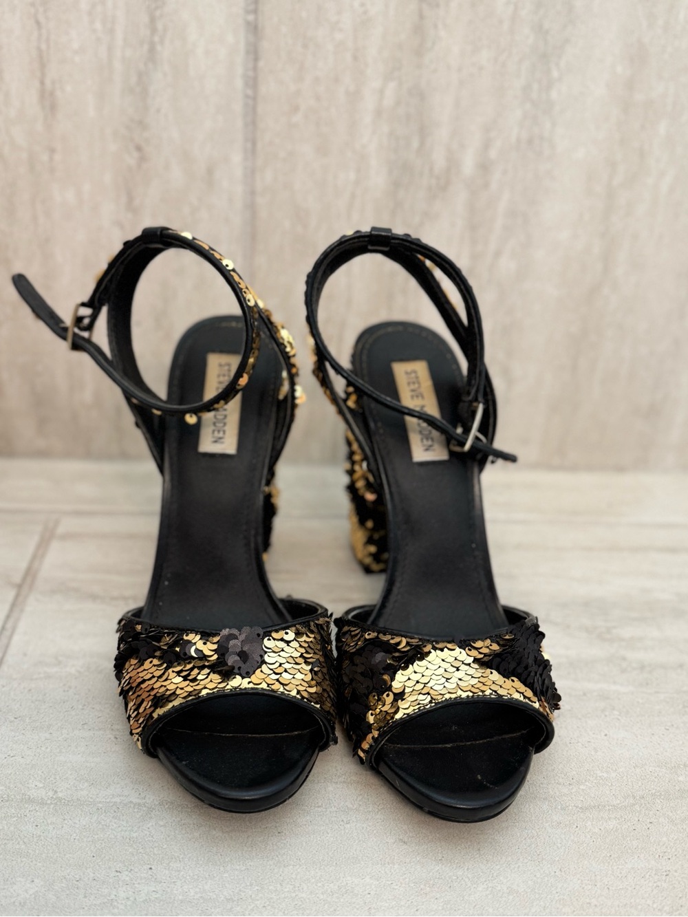 Steve Madden Black and Gold Sequin Ankle Strap Heels